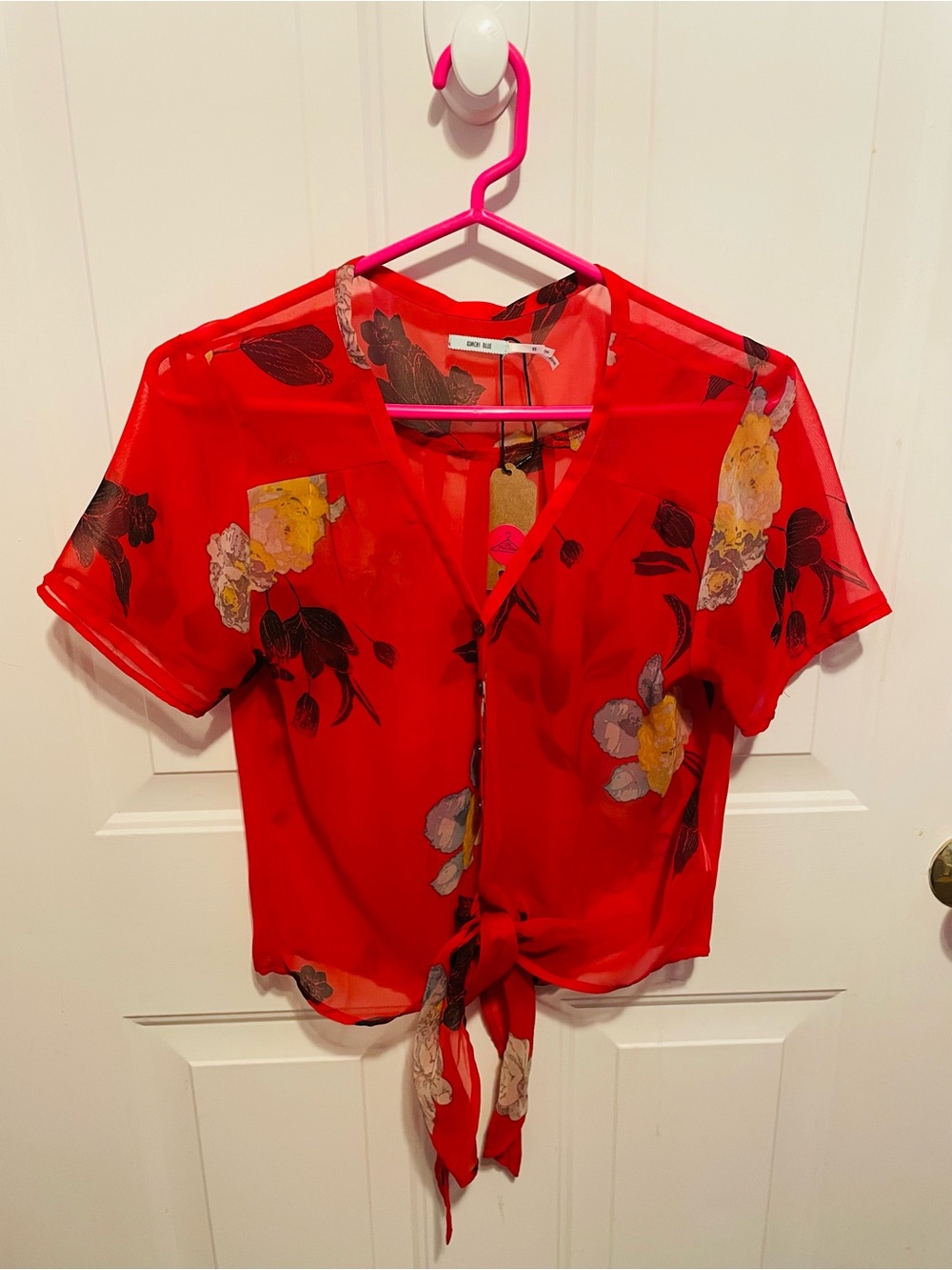 Kimchi Blue Sheer Red Floral Tie-Front Cropped Blouse